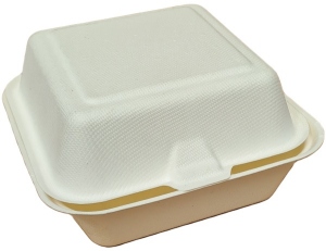 Organic burger box made of bagasse with hinged lid 14x14x8cm