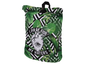 Backpack with roll closure I pray for my haters black/white/gree